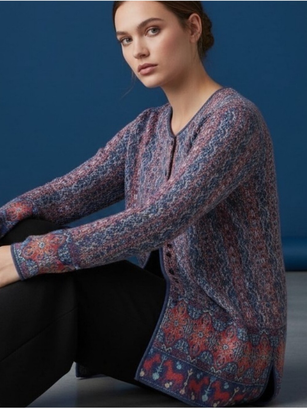 Peruvian Connection 100% Pima cotton Knit Cardigan sweater longline red blue